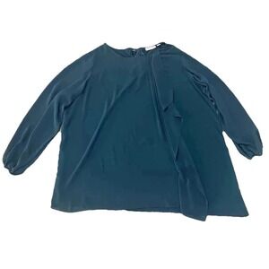 Susan Graver 3X Asymmetrical Blouse Green Long Sleep Tie Bow Back Chiffon